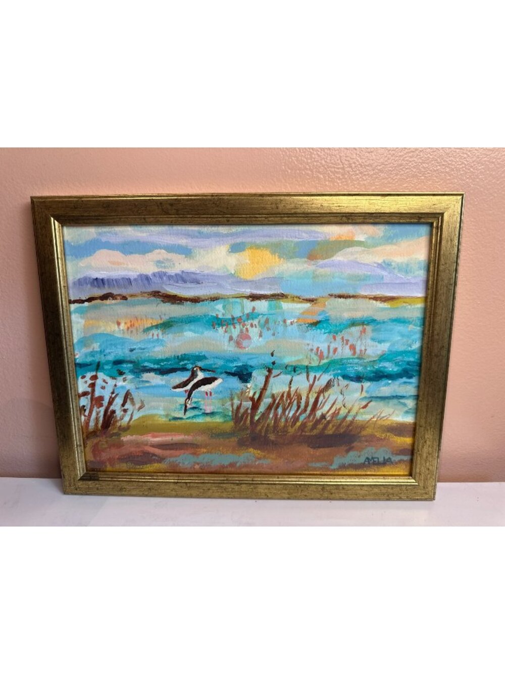 Framed Original Art Birds In Wetlands 10"x12" Landscape Expressionist Wall Decor